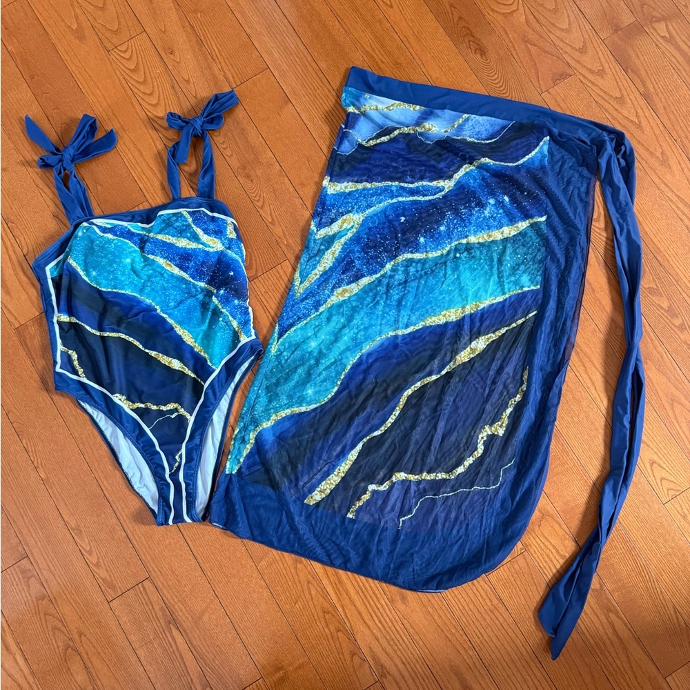Elegant Blue and Gold Women's One Piece Swimsuit
